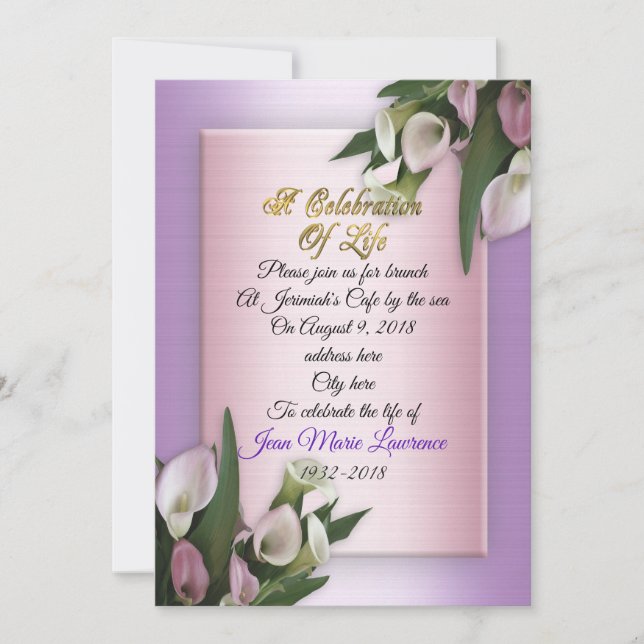 Celebration of life Invitation calla lilies (Front)