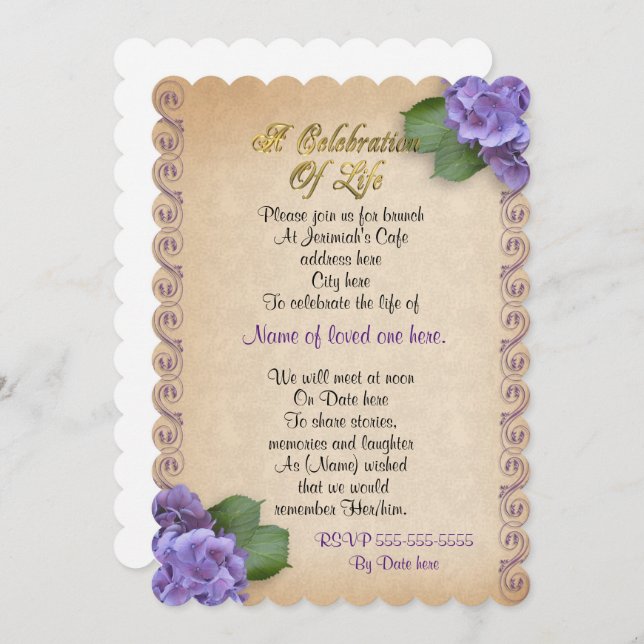 Celebration of life Invitation hydrangea floral (Front/Back)