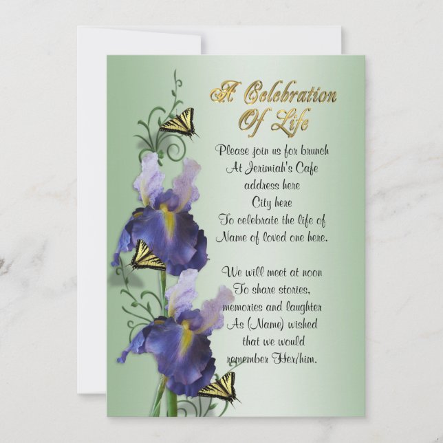 Celebration of life Invitation Iris and butterfly (Front)