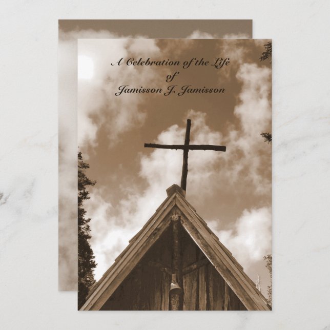 Celebration of Life Invitation, Old Church, Sepia Invitation (Front/Back)