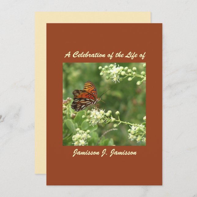 Celebration of Life Invitation, Orange Butterfly Invitation (Front/Back)