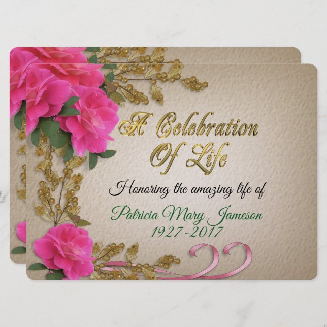 Celebration of life Invitation pink roses (Front/Back)