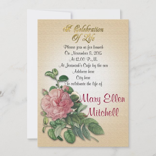 Celebration of life Invitation vintage rose (Front)