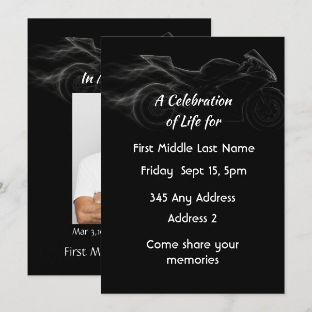 Celebration of Life Invite CustomMotorcycle Biker  (Front/Back)