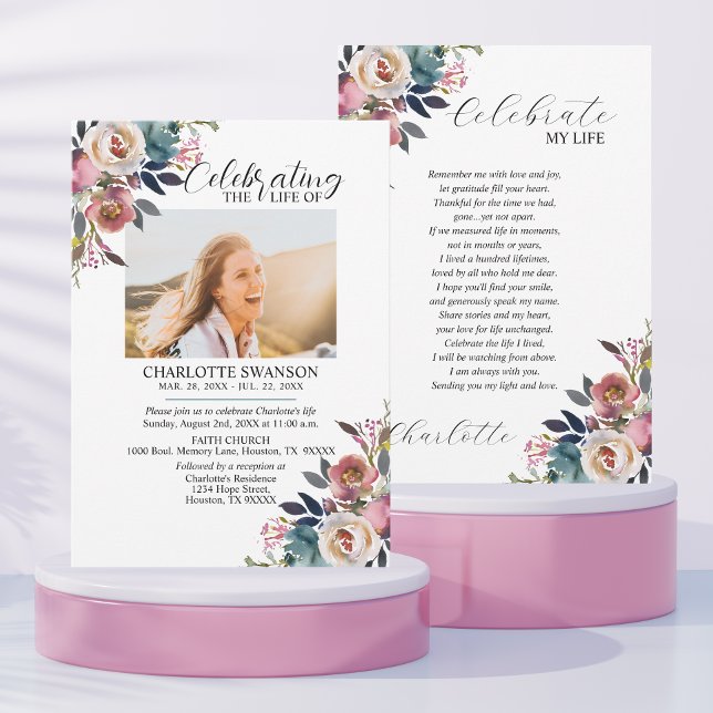 Celebration of Life Memorial Floral Photo & Poem Invitation (Creator Uploaded)