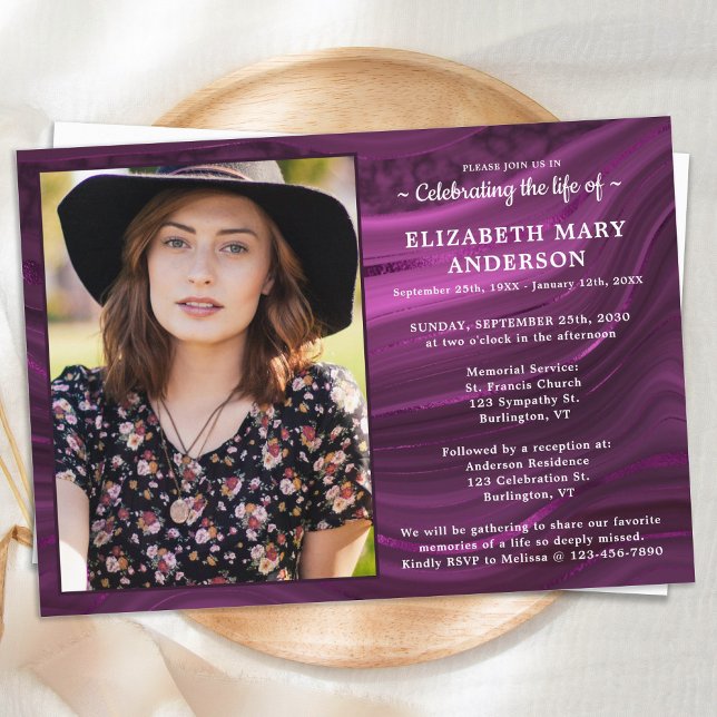 Celebration Of Life Memorial Purple Marble Funeral Invitation (Creator Uploaded)