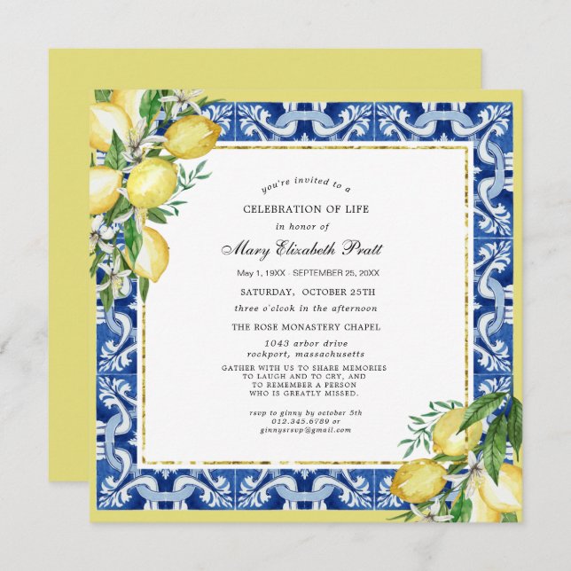 Celebration of Life Memorial Service Lemon Square Invitation (Front/Back)