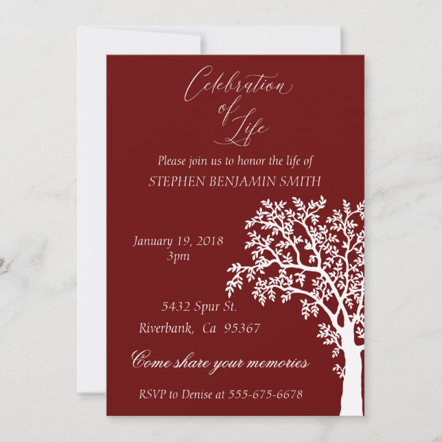 Celebration of Life Memorial Service Navy Tree Inv Invitation (Front)