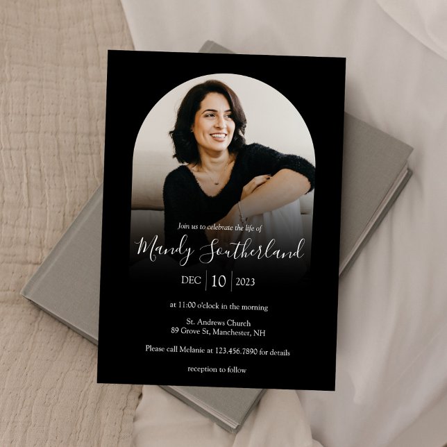 Celebration of Life Modern Black Arch Photo Frame Invitation (Creator Uploaded)