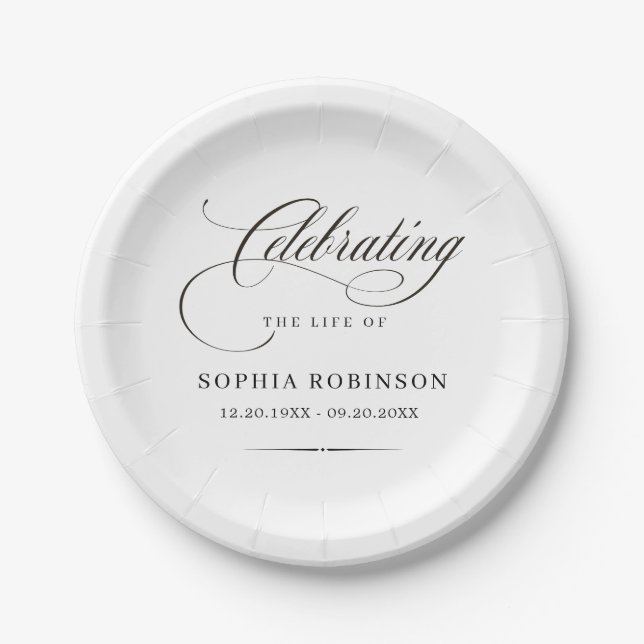 Celebration of Life Modern Elegant Script Funeral  Paper Plate (Front)