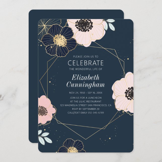 Celebration Of Life Modern Emboss Floral Geometric Invitation (Front/Back)