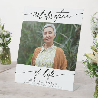 Celebration of Life Modern Script Photo Funeral Pedestal Sign