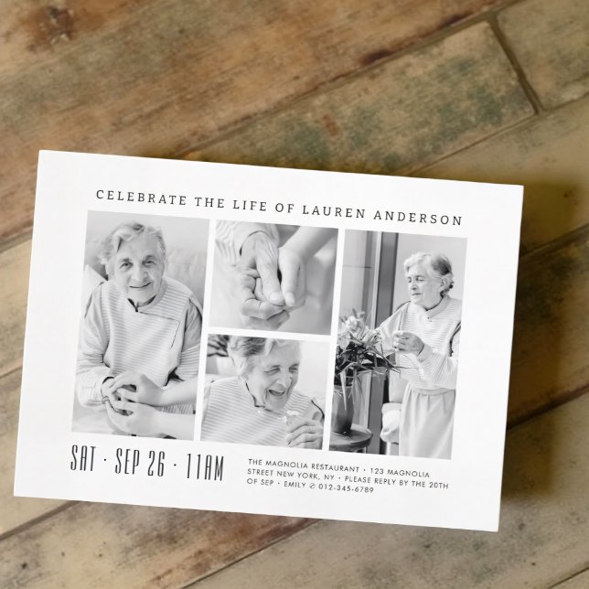 Celebration of Life Modern Simple 4 Photo Collage Invitation (Creator Uploaded)
