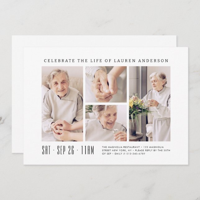 Celebration of Life Modern Simple 4 Photo Collage Invitation (Front/Back)