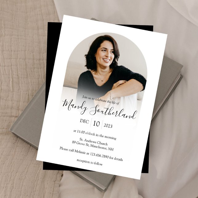 Celebration of Life Modern White Arch Photo Frame Invitation (Creator Uploaded)