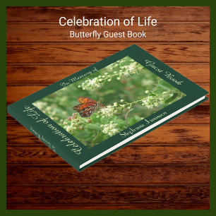 Celebration of Life, Name, Orange Butterfly, Green Guest Book