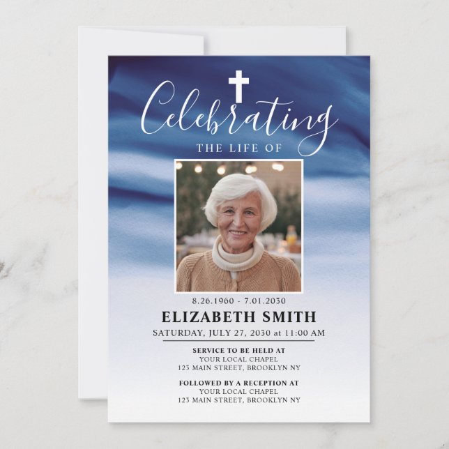 Celebration of Life Navy Blue Ombre Photo Funeral Invitation (Front)