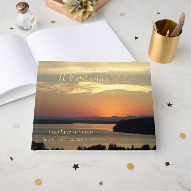 Celebration of Life Orange Sunset Memorial Guest Book (Front Open)
