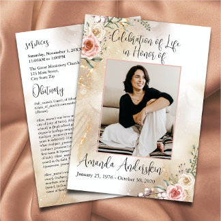 Celebration of Life Peach and Gold Obituary Programme