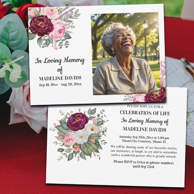 Celebration Of Life Peonies Photo Funeral Invitation (Creator Uploaded)