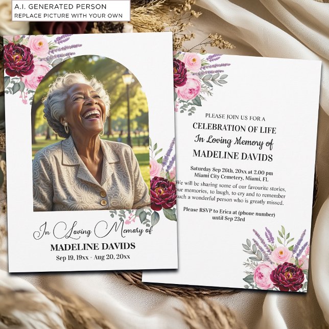 Celebration Of Life Peonies Photo Funeral  Invitation (Creator Uploaded)