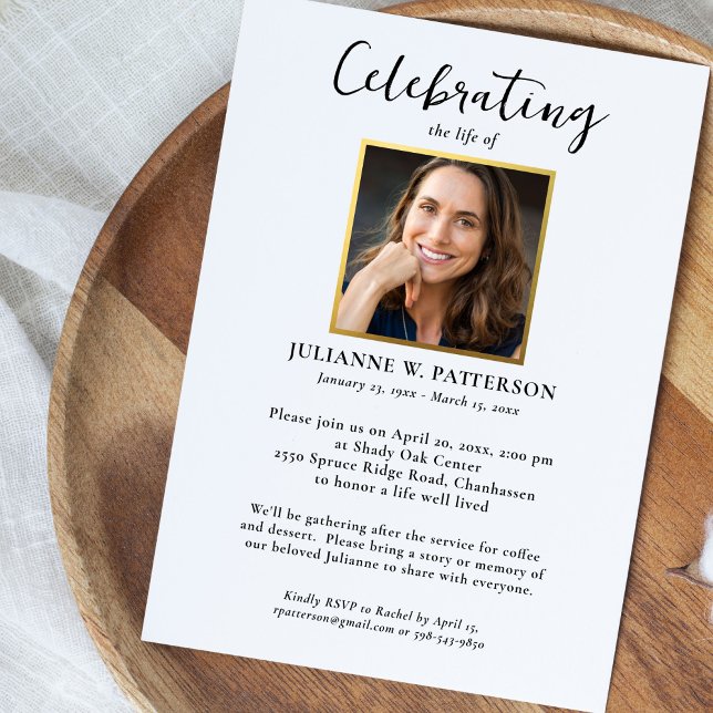 Celebration of Life Photo, Elegant Gold Funeral Invitation (Creator Uploaded)