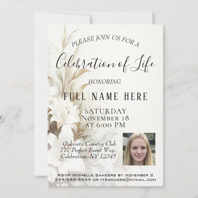 Celebration of Life - Photo & Flowers Invitation (Front)