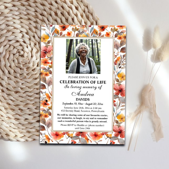 Celebration Of Life Photo Funeral Colourful Floral Invitation (Creator Uploaded)