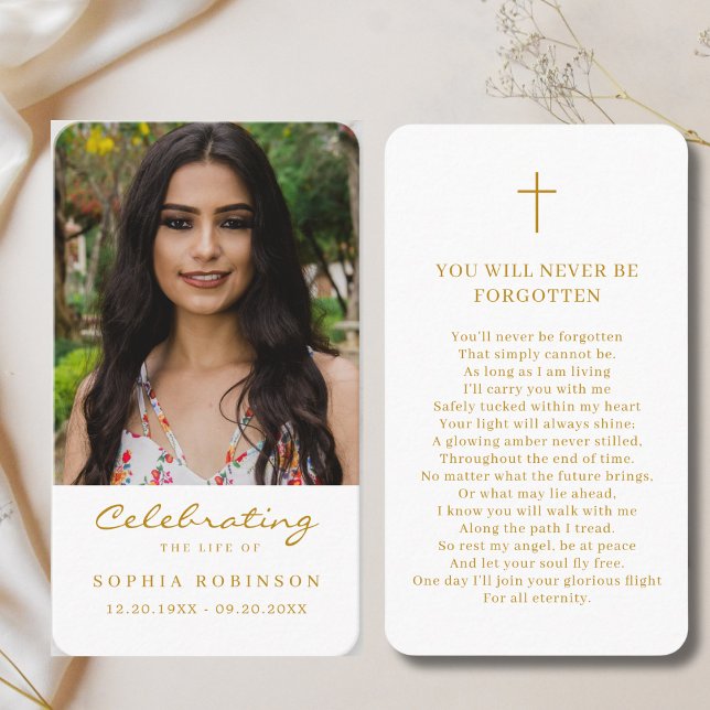 Celebration of Life Photo Gold Funeral Prayer Card (Creator Uploaded)