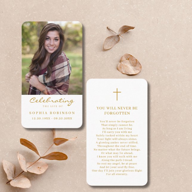 Celebration of Life Photo Gold Funeral Prayer Card (Creator Uploaded)