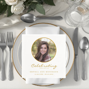 Celebration of Life Photo Gold Script Funeral Napkin