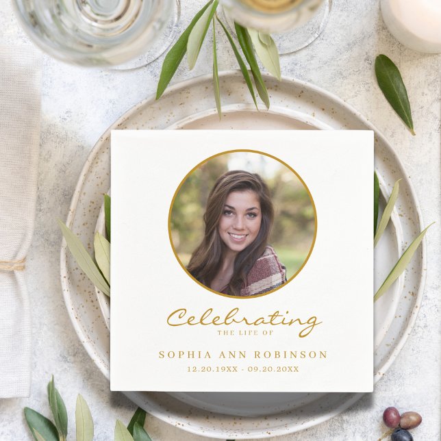 Celebration of Life Photo Gold Script Funeral Napkin (Creator Uploaded)