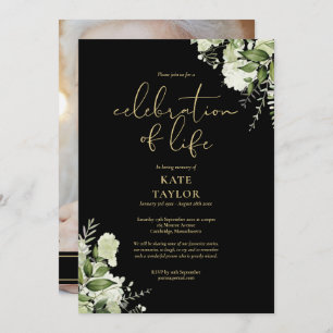 Celebration of Life Photo Greenery Black And Gold Invitation