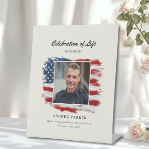 Celebration of Life Photo Patriotic Funeral Beige Pedestal Sign