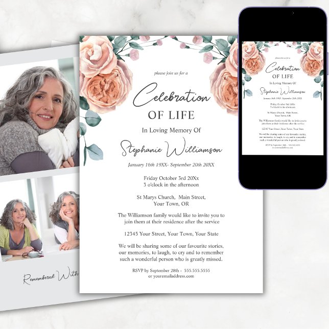 Celebration of Life Photo Peach Roses Funeral  Invitation (Creator Uploaded)