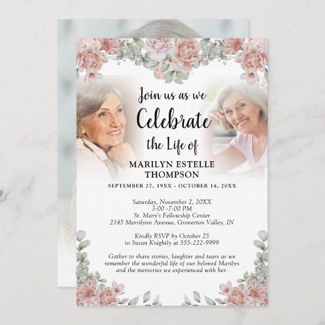 Celebration of Life Pink Floral 3 Photos Memorial Invitation (Front/Back)
