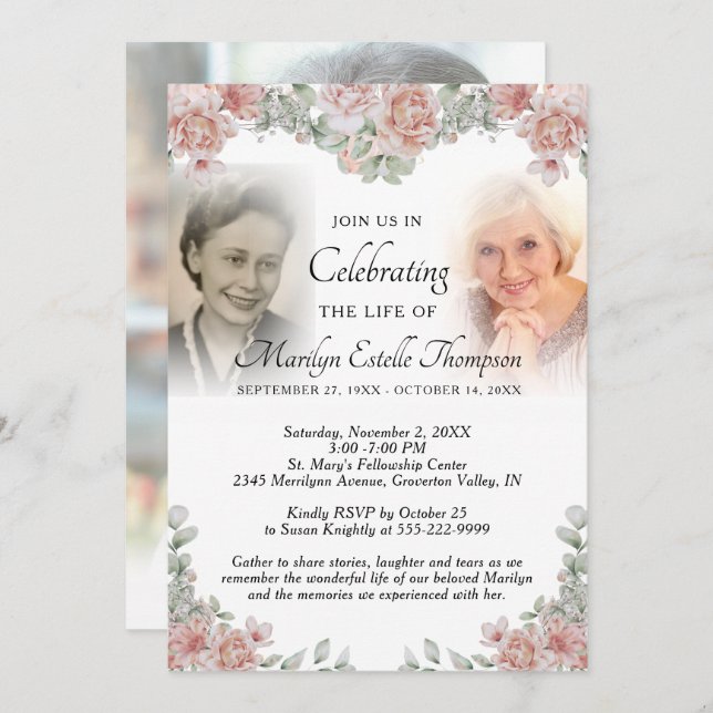 Celebration of Life Pink Floral Photo Invitation (Front/Back)