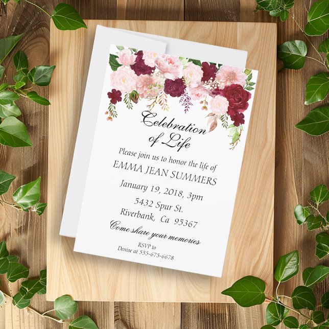 Celebration of Life Pretty Floral Burgundy Blush Invitation (Creator Uploaded)