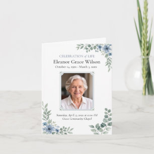 Celebration of Life Program Blue Floral Photo Card