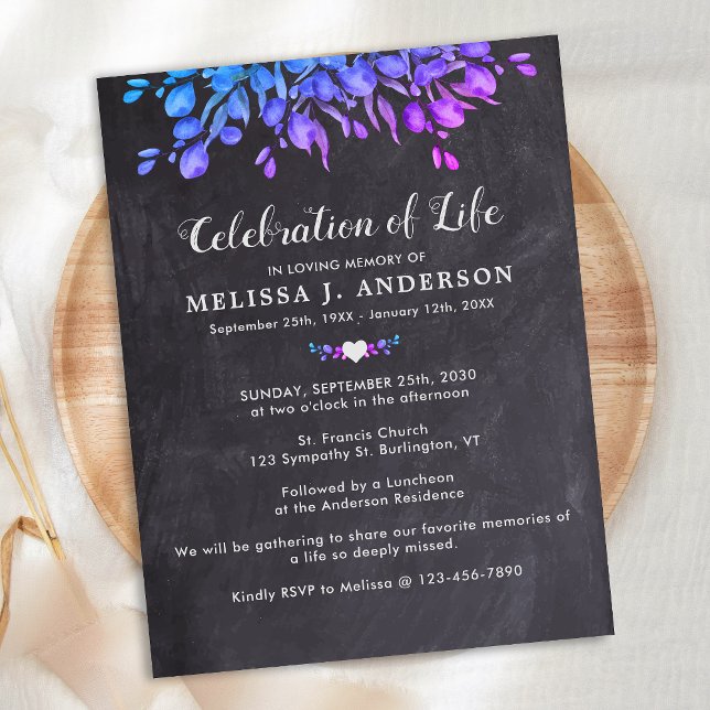 Celebration Of Life Purple Eucalyptus Slate Invitation Postcard (Creator Uploaded)