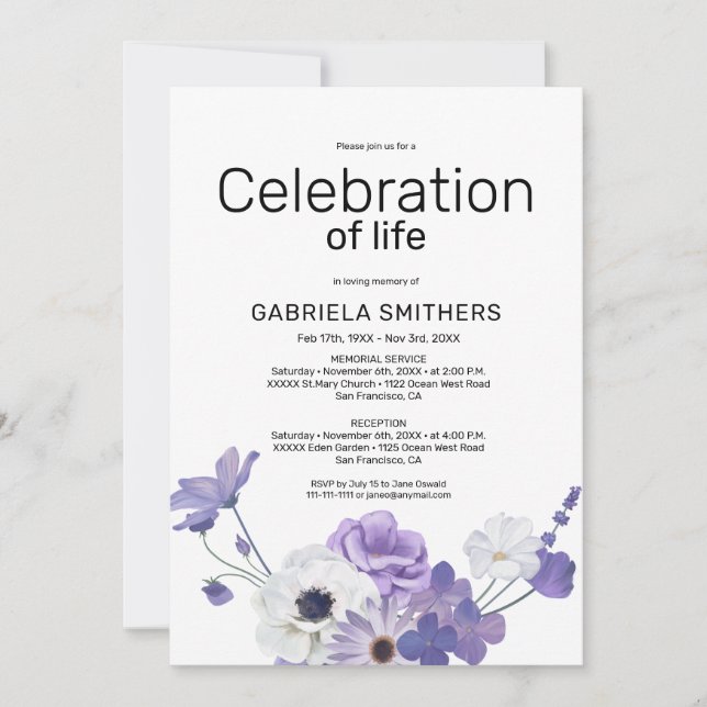 Celebration of life Purple Floral Funeral Memorial Invitation (Front)