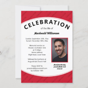 CELEBRATION OF LIFE Red Photo Memorial  Invitation