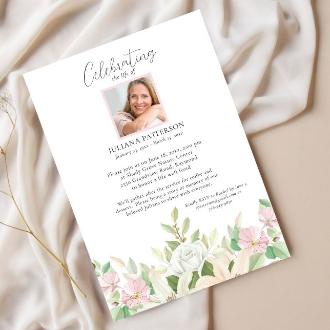 Celebration of Life Rose Lily Floral Funeral Photo Invitation (Creator Uploaded)