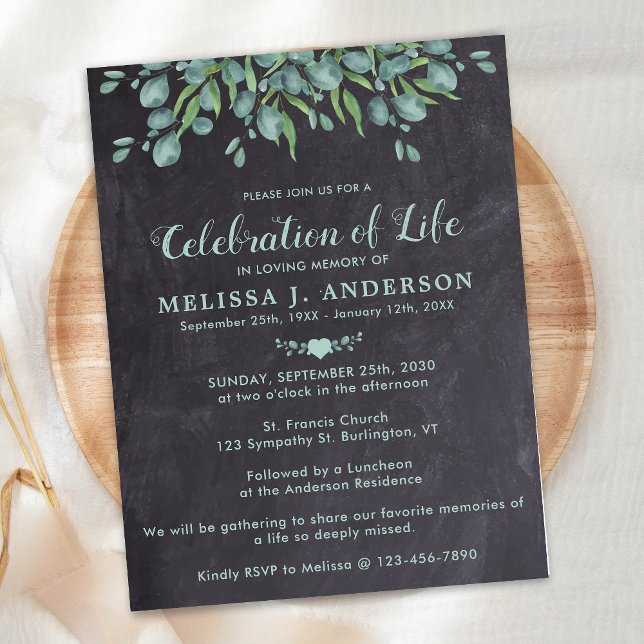 Celebration Of Life Rustic Eucalyptus Funeral Invitation Postcard (Creator Uploaded)