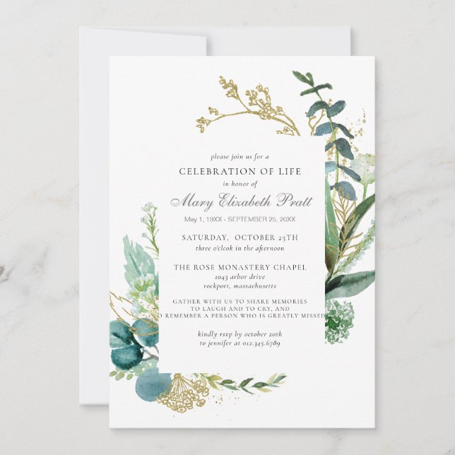 Celebration of Life Rustic Teal Blue Botanical Invitation (Front)