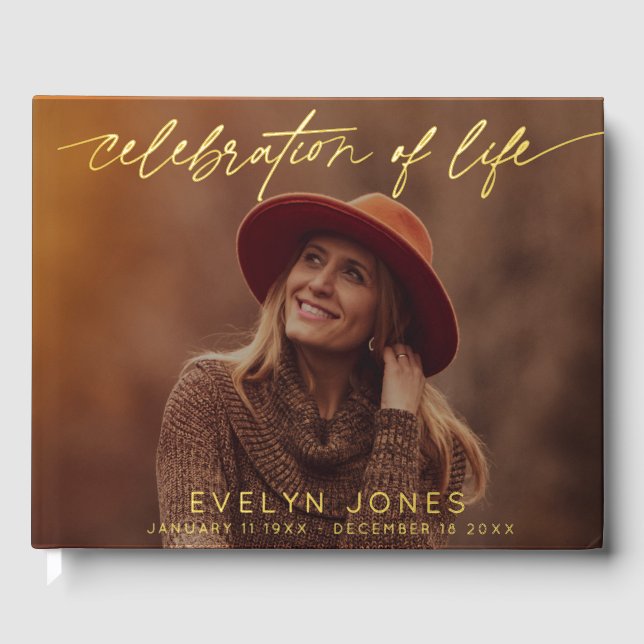 Celebration of Life Script Funeral Photo | Black  Guest Book (Front)