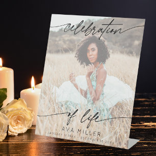 Celebration of Life Script Funeral Photo White Pedestal Sign