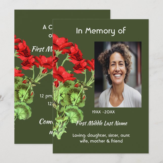 Celebration of Life Service Geranium Flower Invitation (Front/Back)