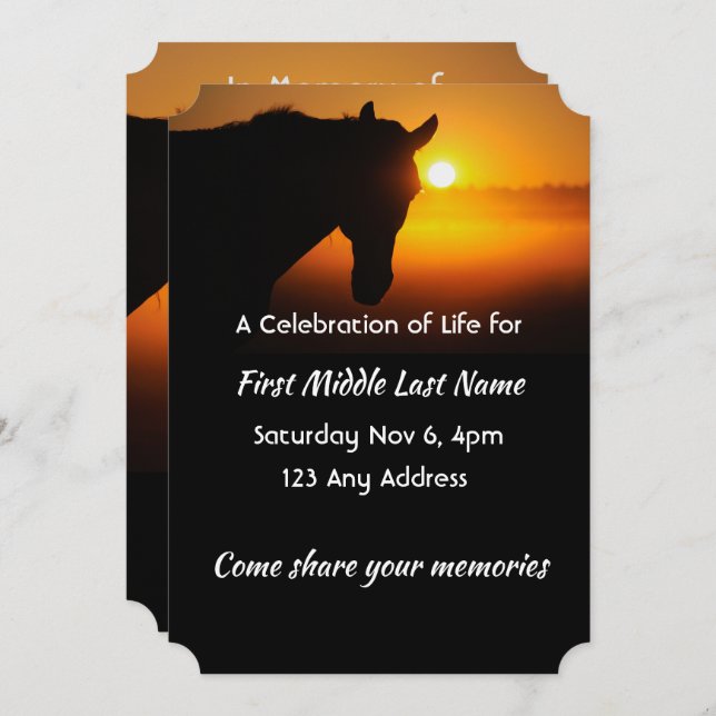 Celebration of Life Service  Horse Silhouette Invitation (Front/Back)