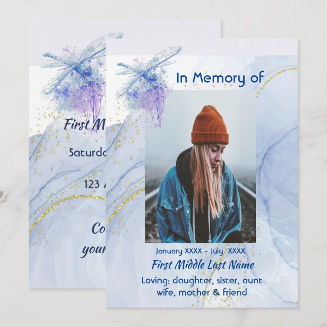 Celebration of Life Service Memorial Dragonfly  Invitation (Front/Back)